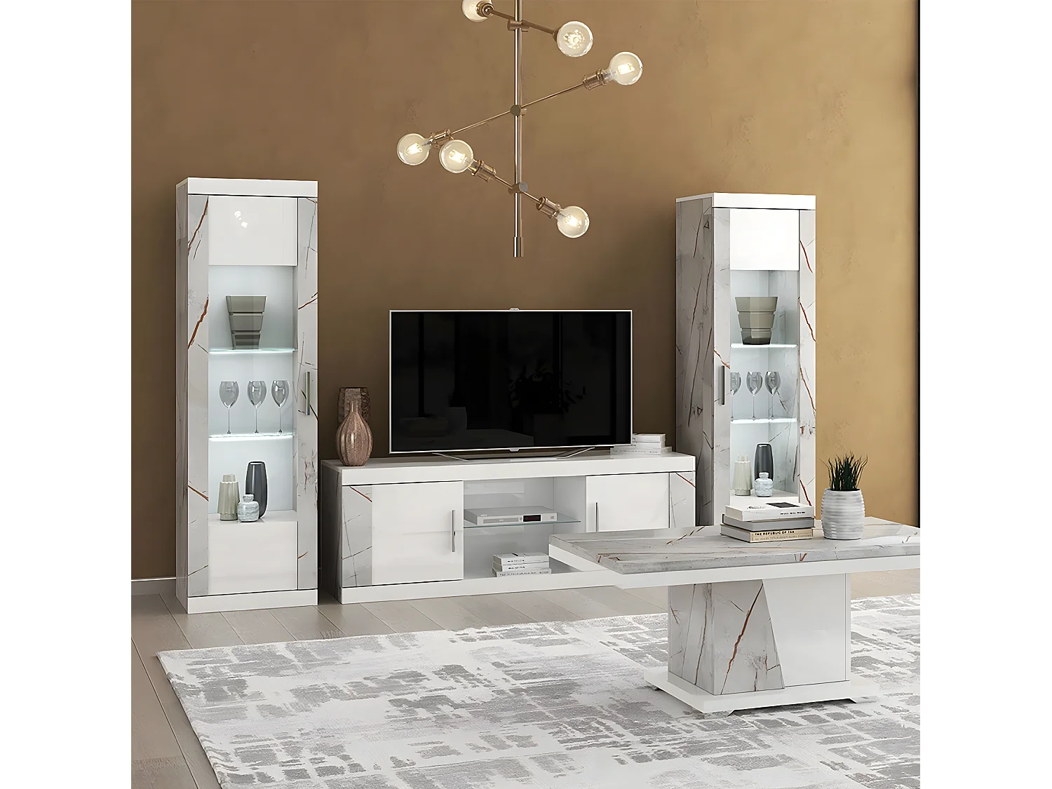 EROS - Meuble TV 2 Portes et 2 Niches Blanc avec Décor Latéral Aspect Marbre