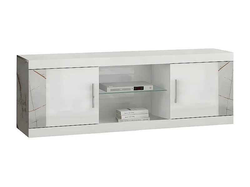 EROS - Meuble TV 2 Portes et 2 Niches Blanc avec Décor Latéral Aspect Marbre