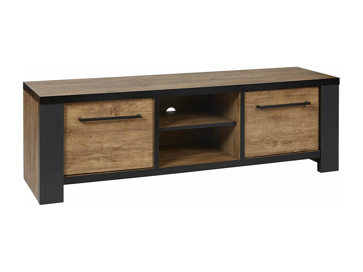 ETIENNE - Meuble TV 2 Portes et 2 Niches Aspect Bois finition Denver et Noir