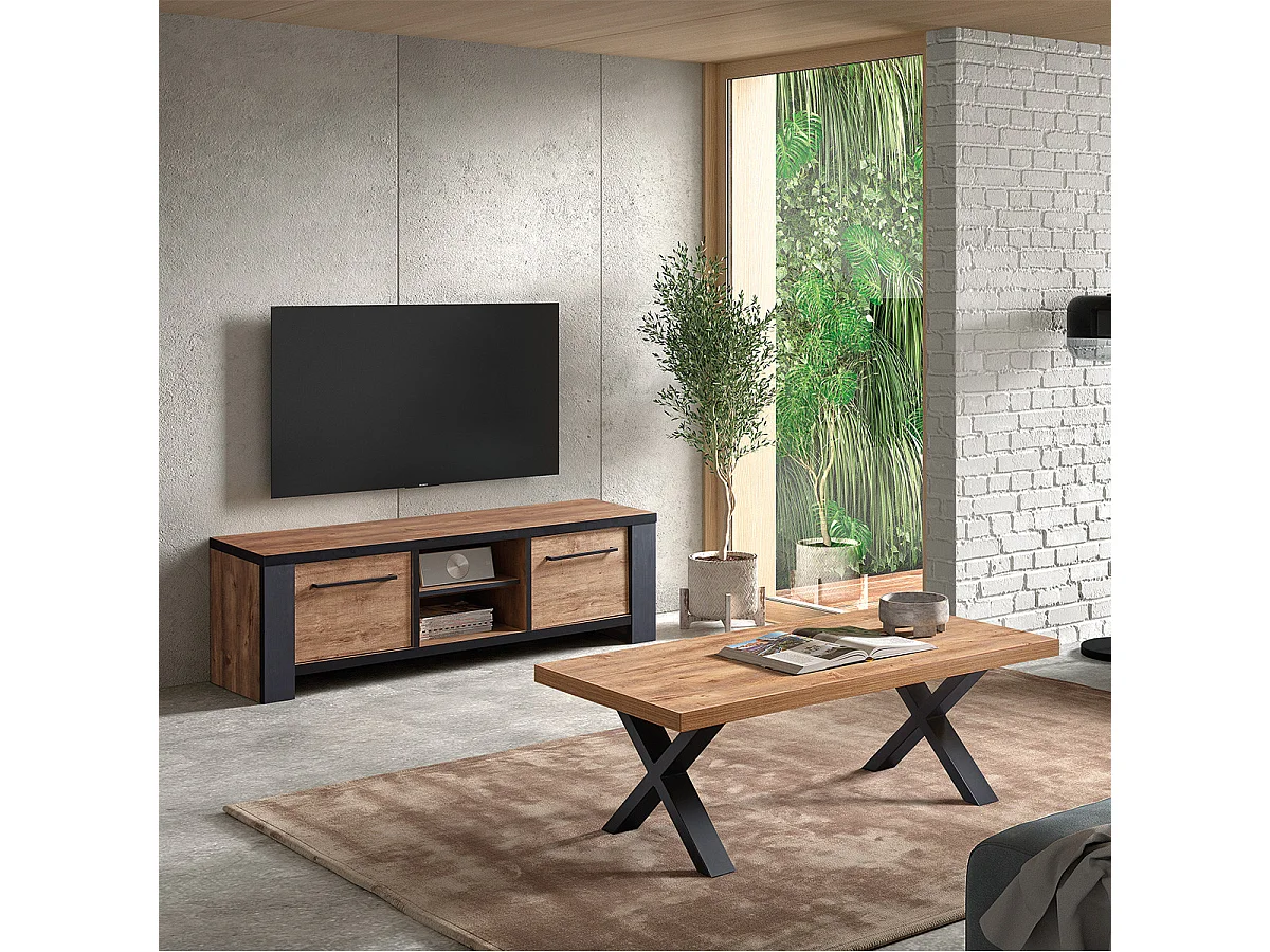 ETIENNE - Meuble TV 2 Portes et 2 Niches Aspect Bois finition Denver et Noir