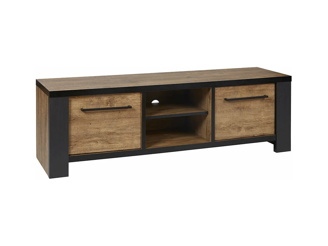 ETIENNE - Meuble TV 2 Portes et 2 Niches Aspect Bois finition Denver et Noir
