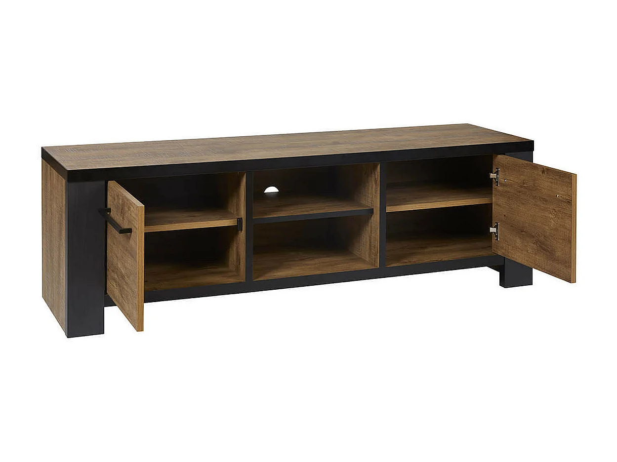 ETIENNE - Meuble TV 2 Portes et 2 Niches Aspect Bois finition Denver et Noir