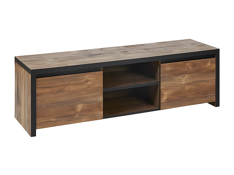 STALONE - Meuble TV 2 Portes 2 Niches Effet Bois Manguier Foncé et Noir