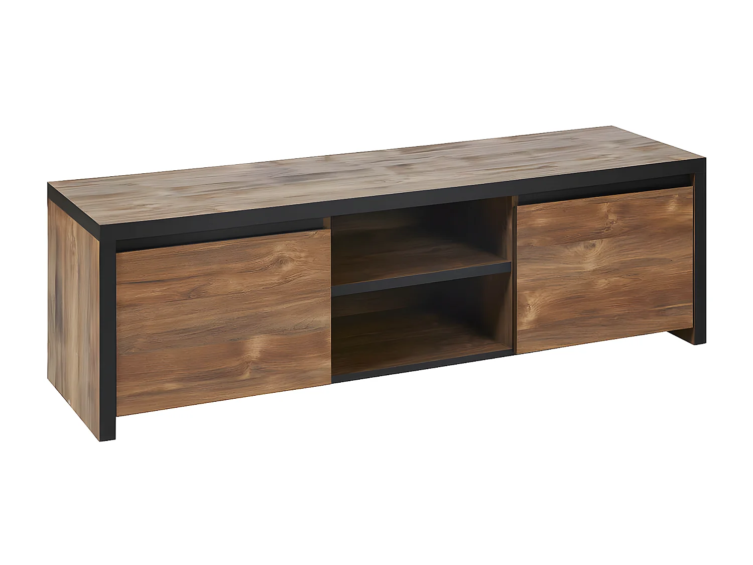 STALONE - Meuble TV 2 Portes 2 Niches Effet Bois Manguier Foncé et Noir