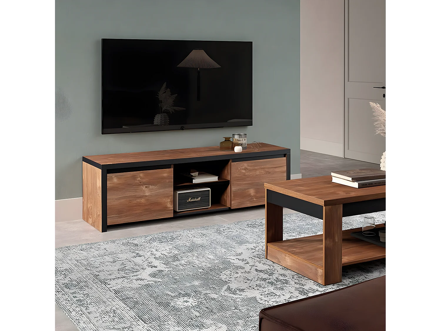 STALONE - Meuble TV 2 Portes 2 Niches Effet Bois Manguier Foncé et Noir