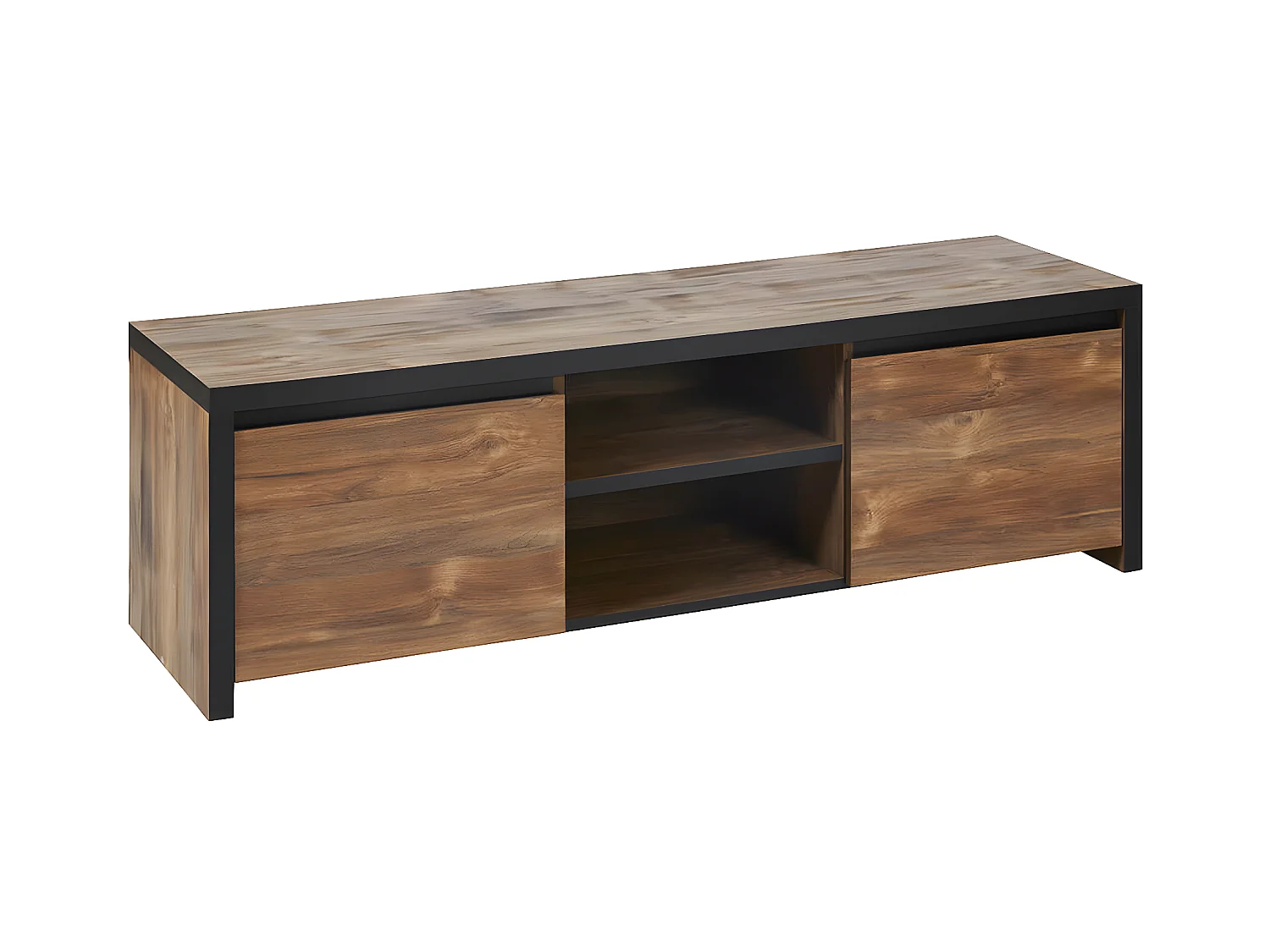 STALONE - Meuble TV 2 Portes 2 Niches Effet Bois Manguier Foncé et Noir
