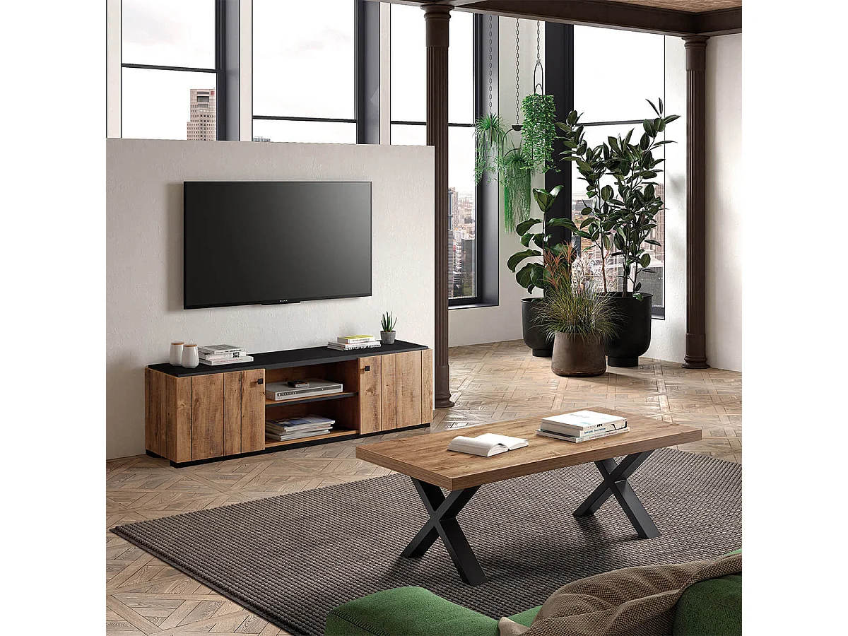 GLESS - Meuble TV 2 Portes et 2 Niches Noir et Aspect Bois