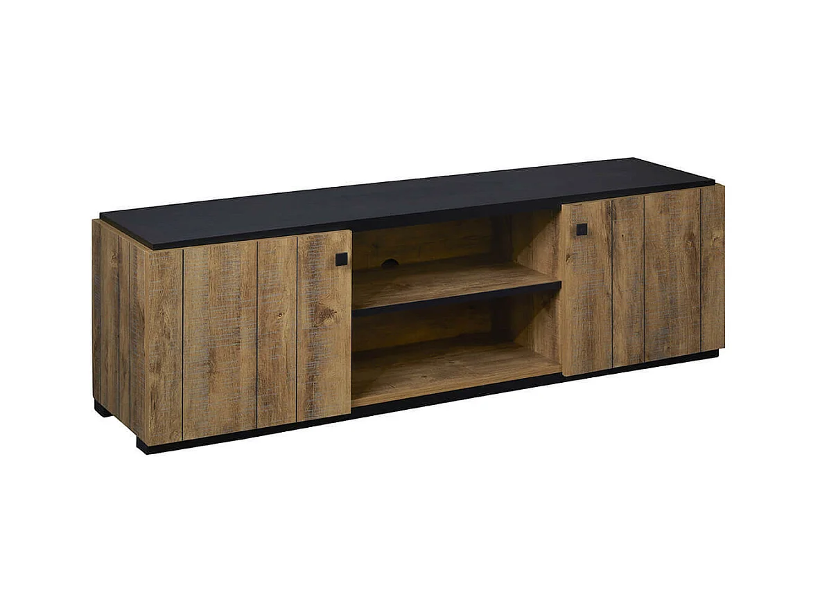 GLESS - Meuble TV 2 Portes et 2 Niches Noir et Aspect Bois