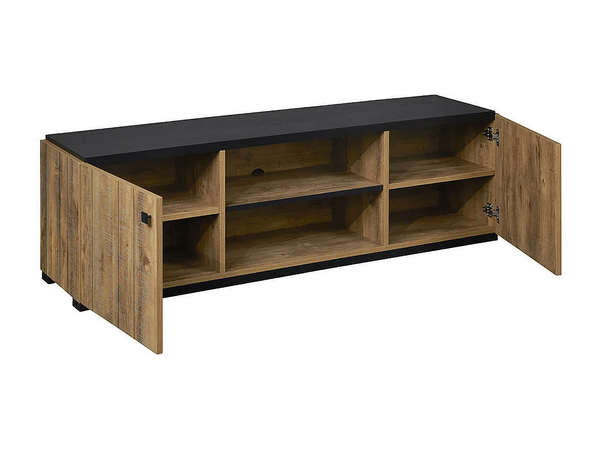 GLESS - Meuble TV 2 Portes et 2 Niches Noir et Aspect Bois