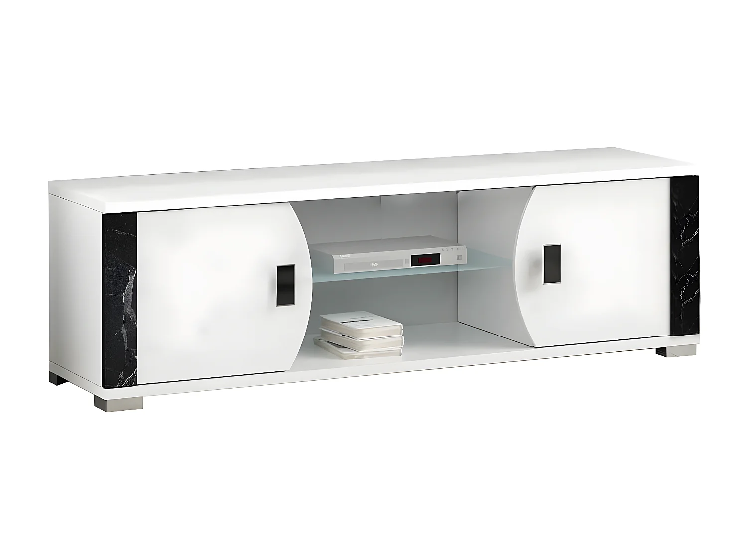 ARIANE - Meuble TV 2 Portes et 2 Niches Blanc avec Décor Latéral Aspect Marbre Noir