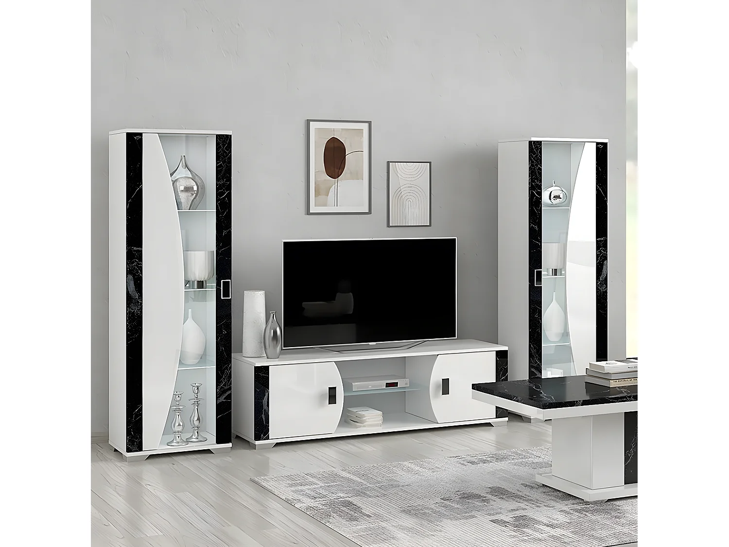 ARIANE - Meuble TV 2 Portes et 2 Niches Blanc avec Décor Latéral Aspect Marbre Noir
