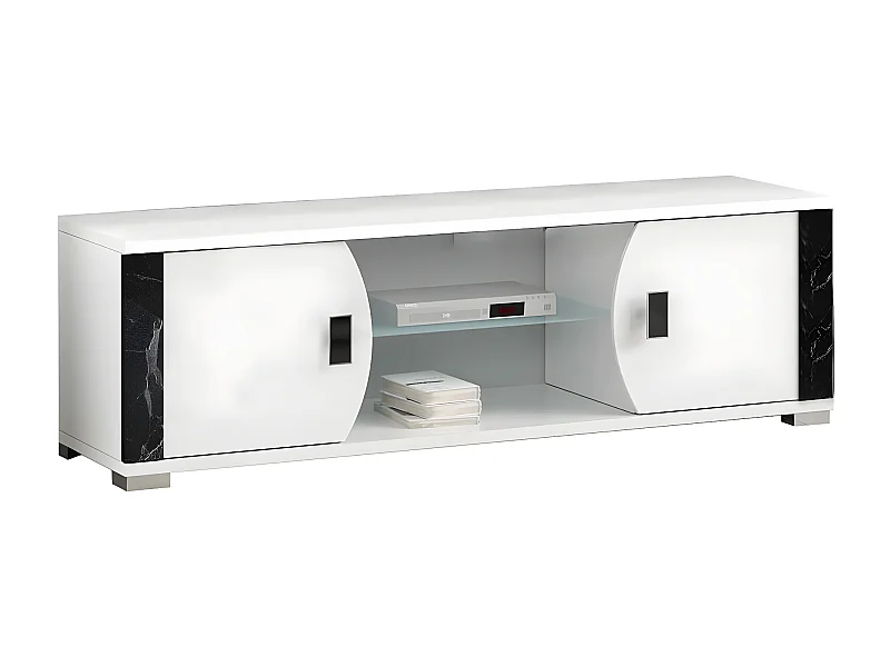 ARIANE - Meuble TV 2 Portes et 2 Niches Blanc avec Décor Latéral Aspect Marbre Noir