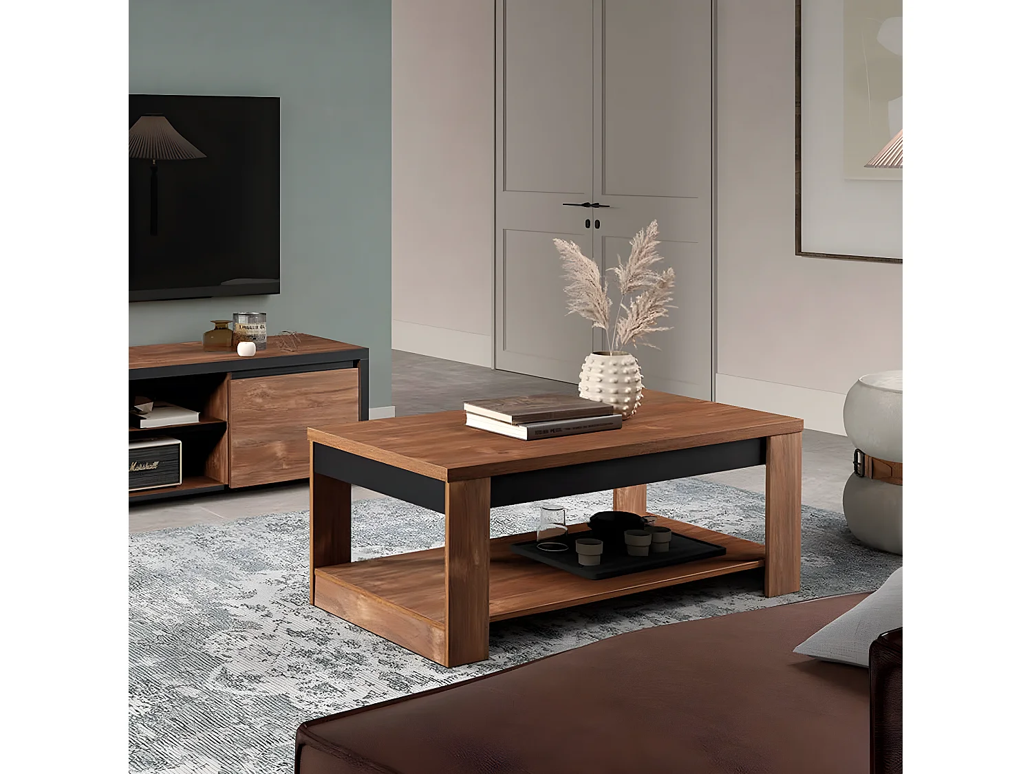 STALONE - Table Basse 2 Plateaux Effet Bois Manguier Foncé et Noir