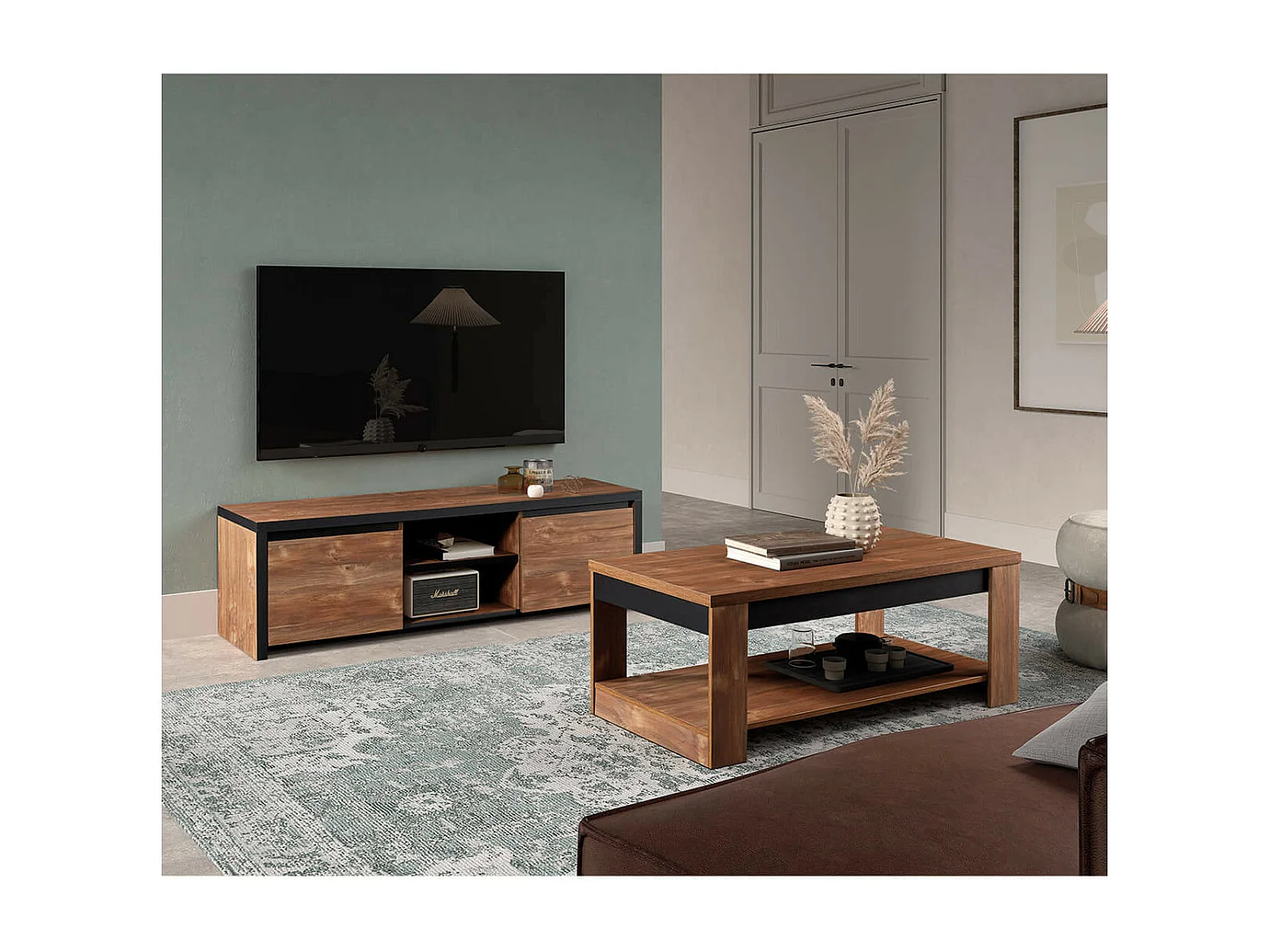 STALONE - Table Basse 2 Plateaux Effet Bois Manguier Foncé et Noir