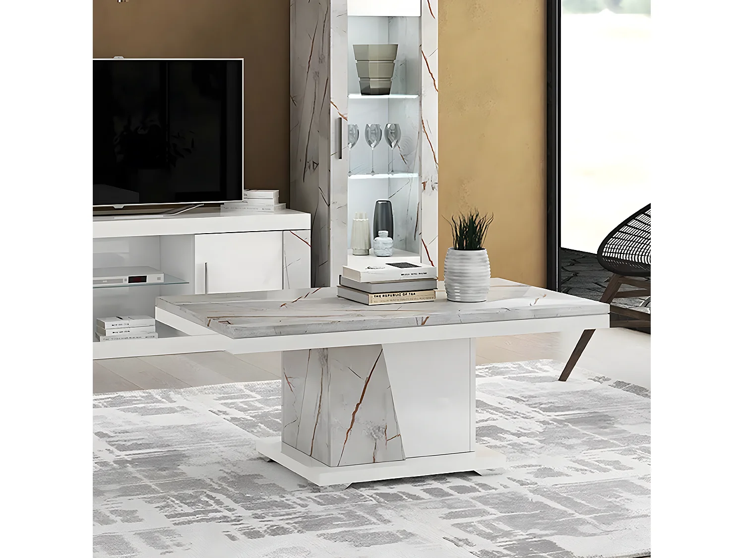 EROS - Table Basse Pied Central Blanc et Aspect Marbre