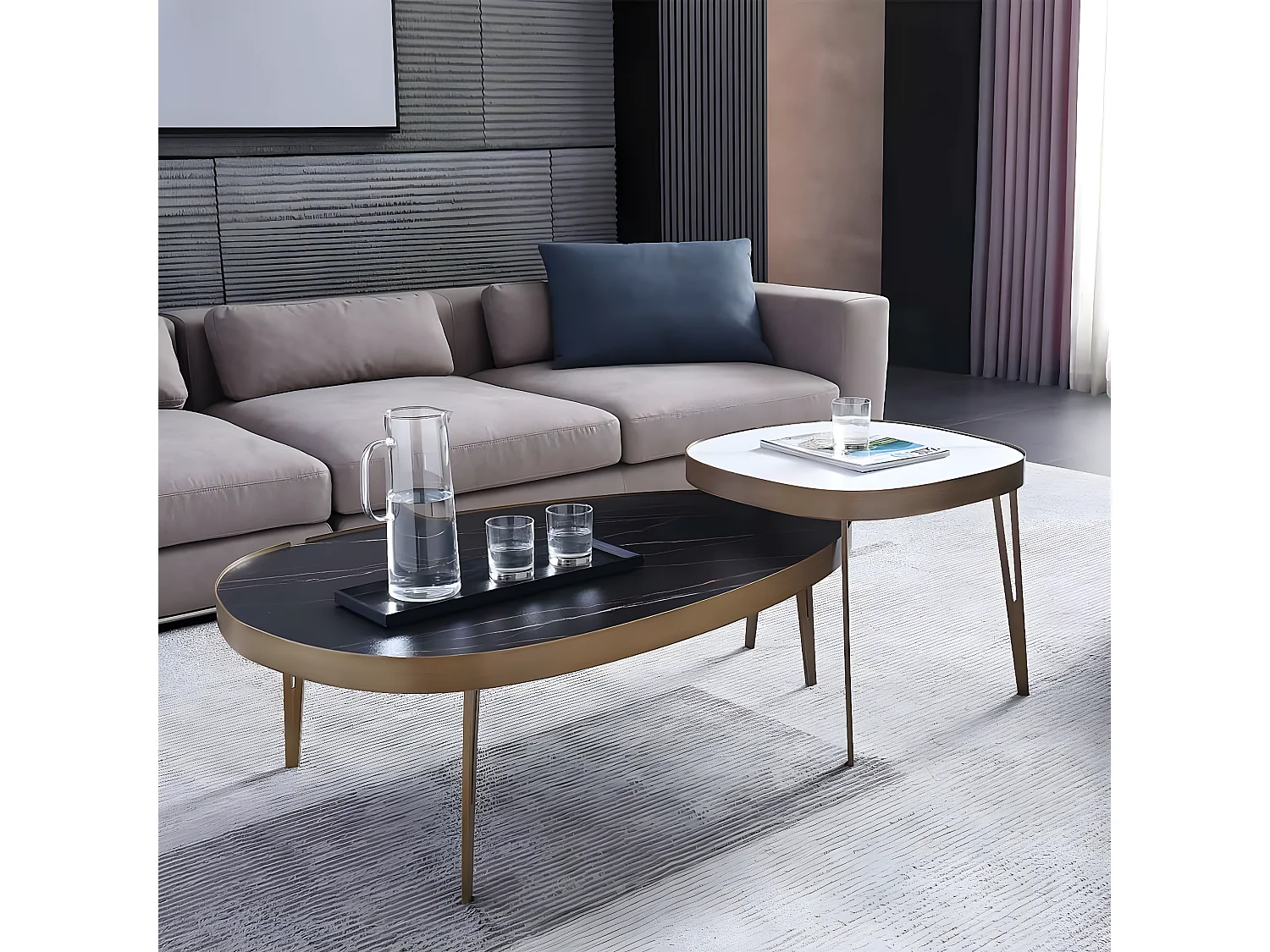 PARRA - Table Basse Bronze et Céramique Marbrée Noire