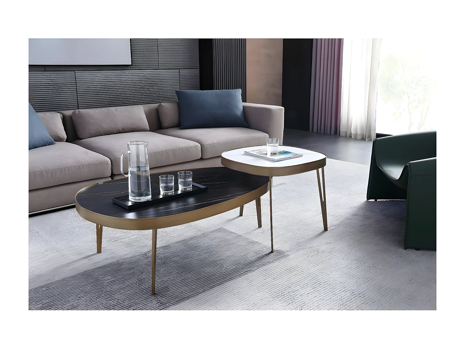 PARRA - Table Basse Bronze et Céramique Marbrée Noire