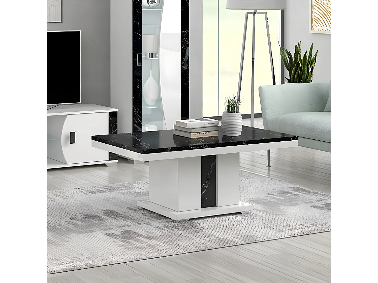 ARIANE - Table Basse Pied Central Blanc et Aspect Marbre Noir