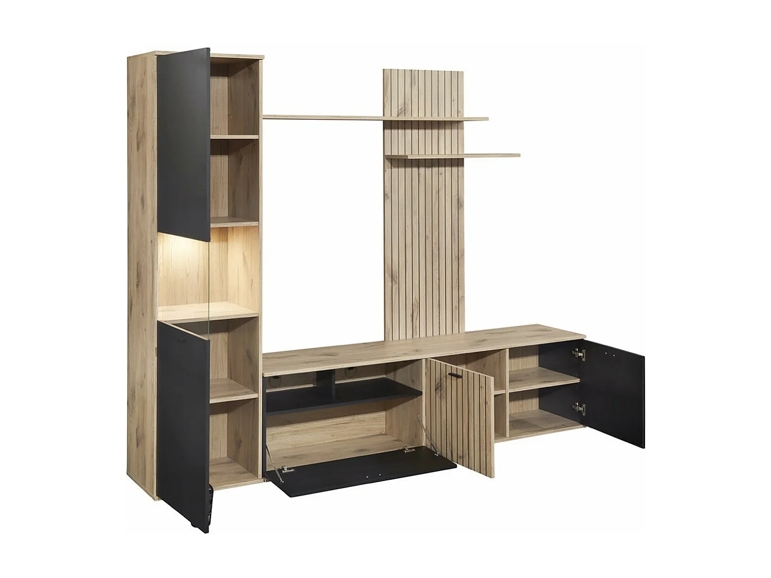 NIVER - Meuble TV Mural avec Banc TV et Colonne Led inclue et Aspect Bois Noir