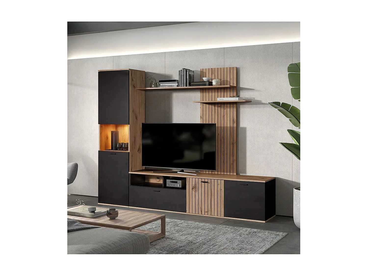 NIVER - Meuble TV Mural avec Banc TV et Colonne Led inclue et Aspect Bois Noir