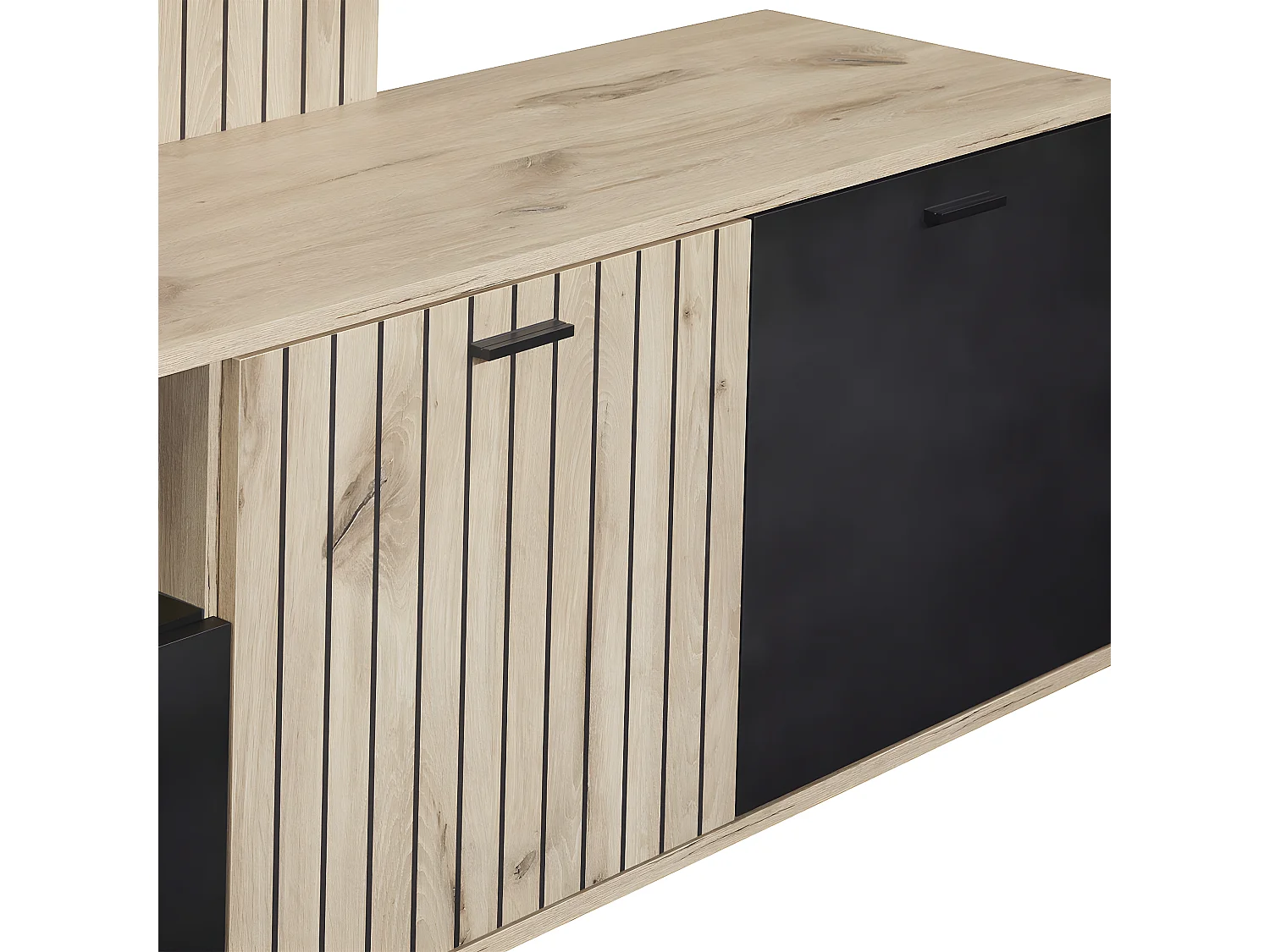 NIVER - Meuble TV Mural avec Banc TV et Colonne Led inclue et Aspect Bois Noir