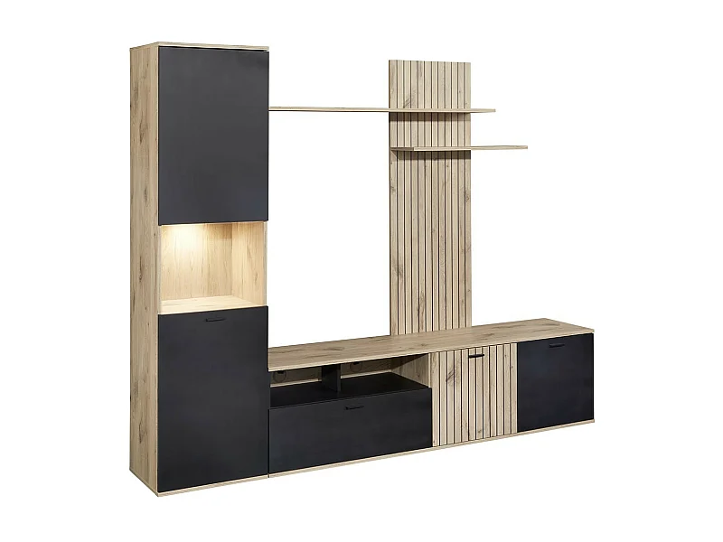 NIVER - Meuble TV Mural avec Banc TV et Colonne Led inclue et Aspect Bois Noir