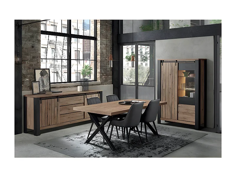 CLODIUS - Ensemble Séjour Complet et Table 170 cm Aspect Bois Piètement X Métal Noir