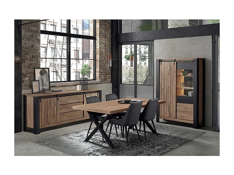 CLODIUS - Ensemble Séjour Complet et Table 170 cm Aspect Bois Piètement X Métal Noir