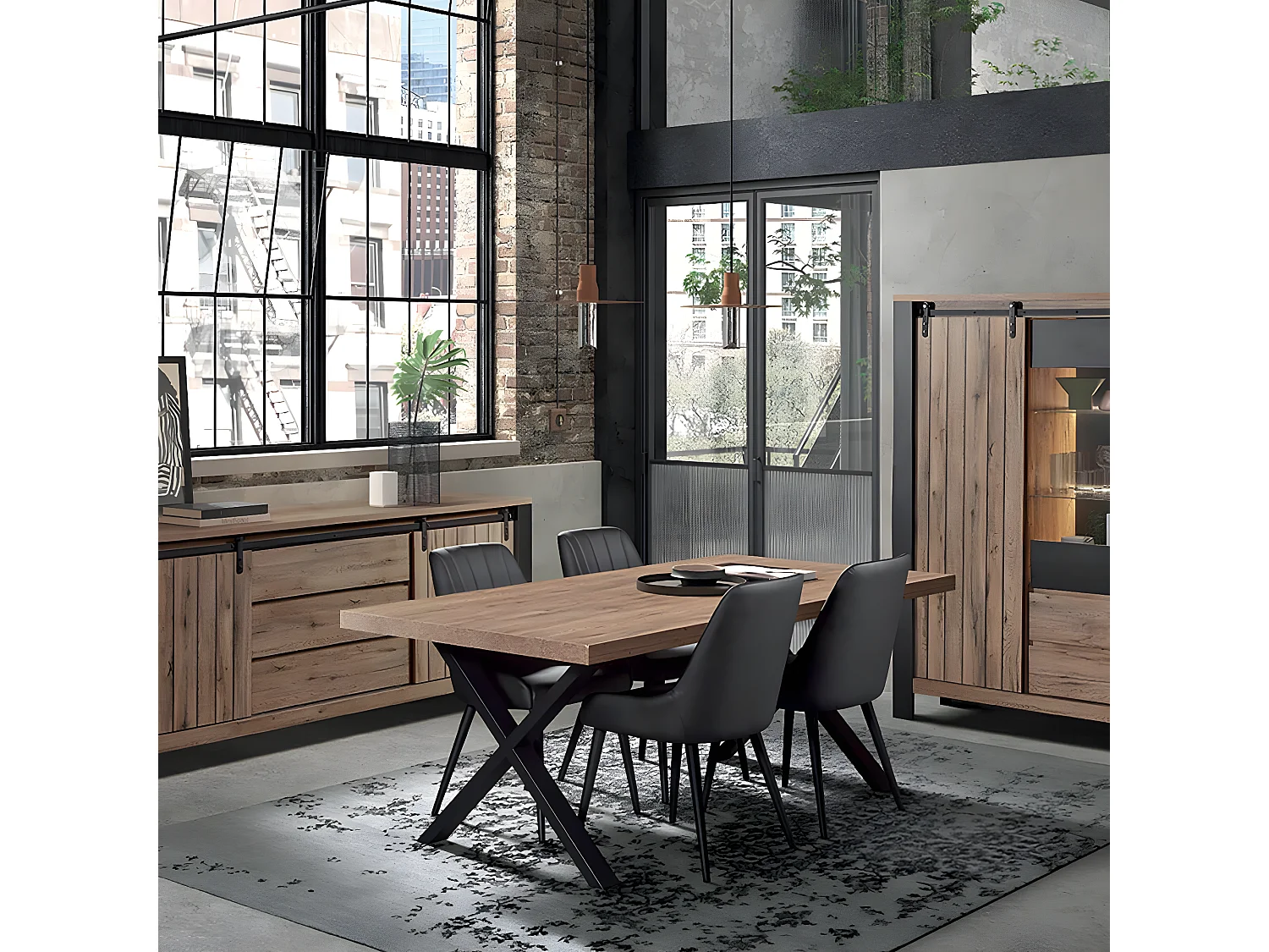 CLODIUS - Ensemble Séjour Complet et Table 230 cm Aspect Bois Piètement X Métal Noir