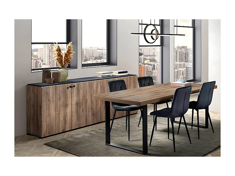 GLESS - Ensemble Séjour Buffet et Table 200cm Aspect Bois Finition Denver Piètement U Métal Noir