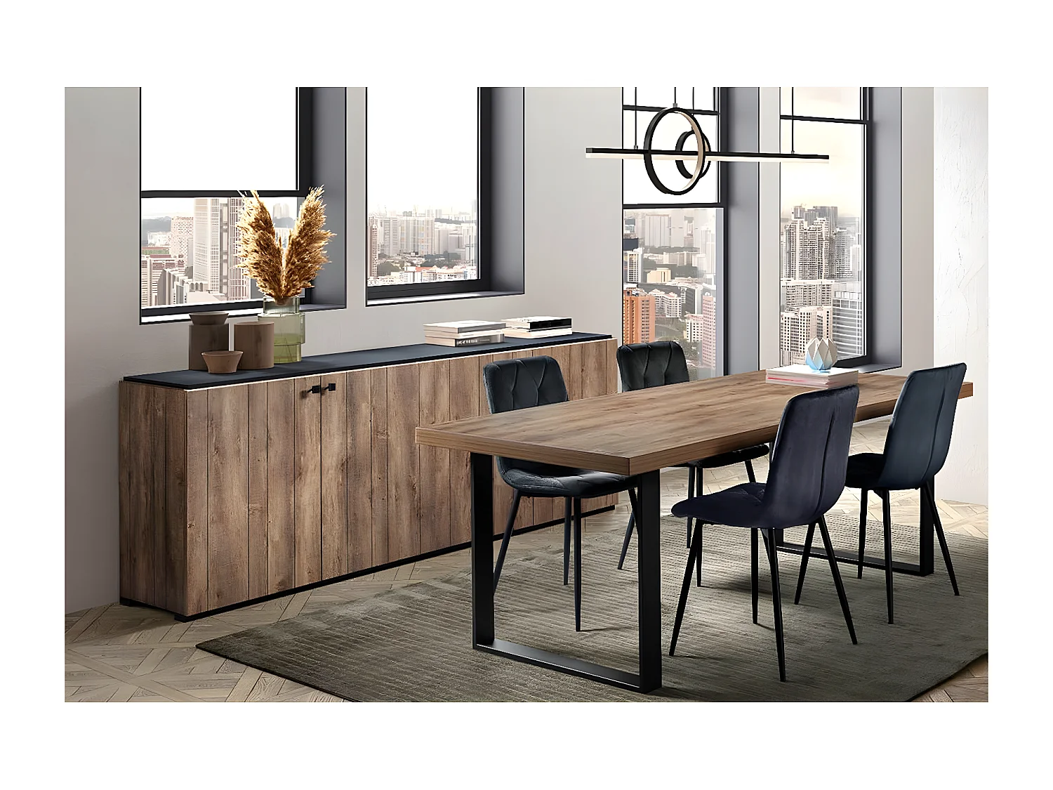 GLESS - Ensemble Séjour Buffet et Table 200cm Aspect Bois Finition Denver Piètement U Métal Noir