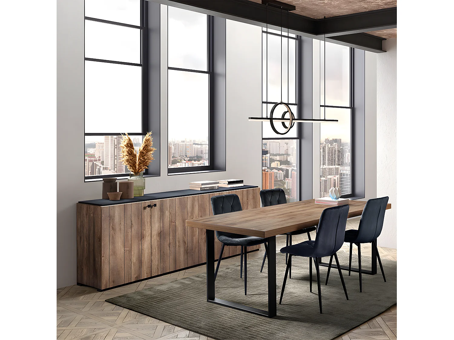 GLESS - Ensemble Séjour Buffet et Table 200cm Aspect Bois Finition Denver Piètement U Métal Noir