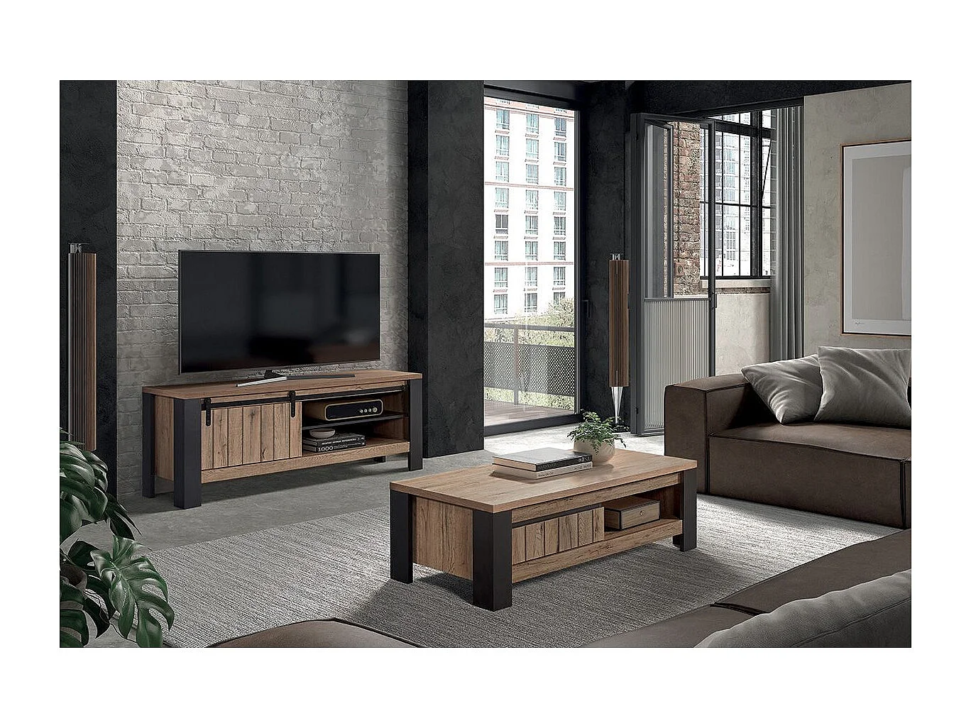 CLODIUS - Ensemble Salon Meuble TV et Table Basse 1 Tiroir et 1 Niche