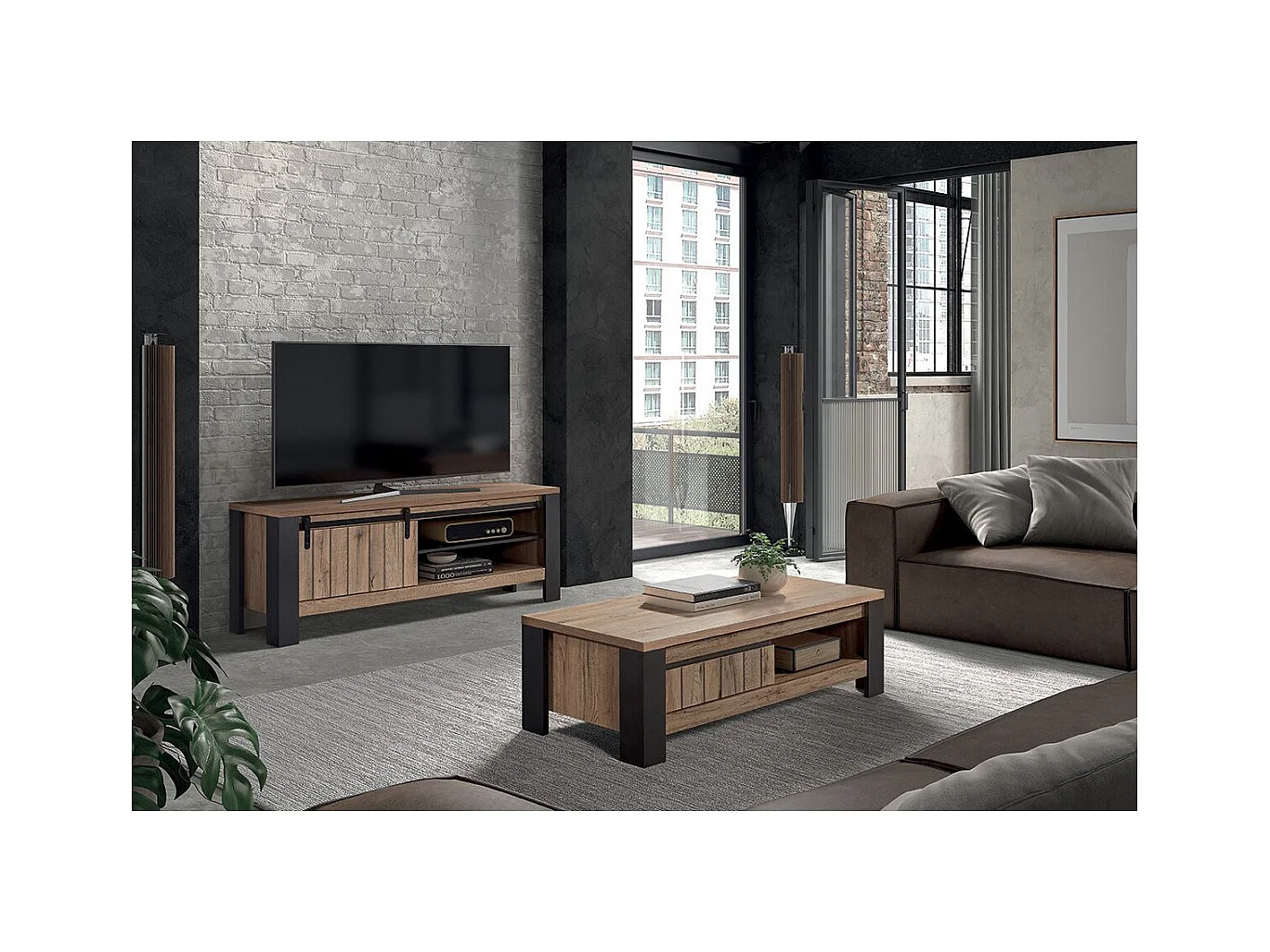 CLODIUS - Ensemble Salon Meuble TV et Table Basse 1 Tiroir et 1 Niche