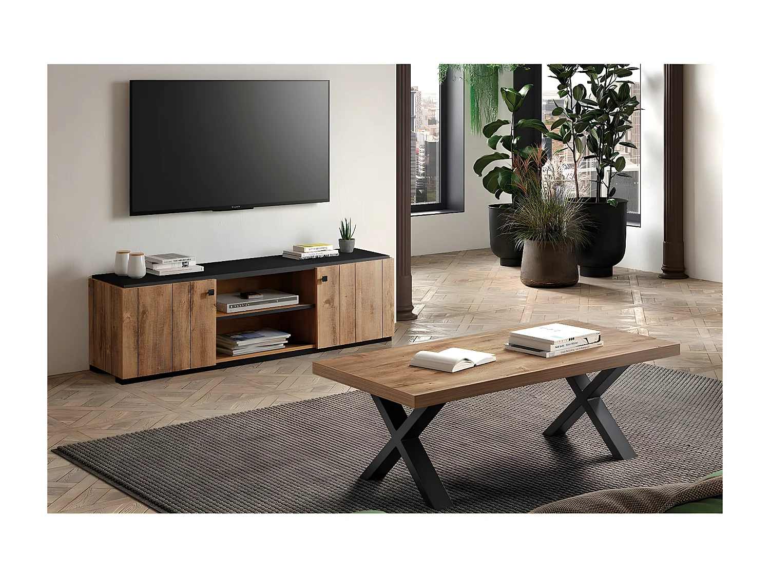 GLESS - Ensemble Salon Meuble TV et Table Basse Aspect Bois Finition Denver Piètement X Métal Noir