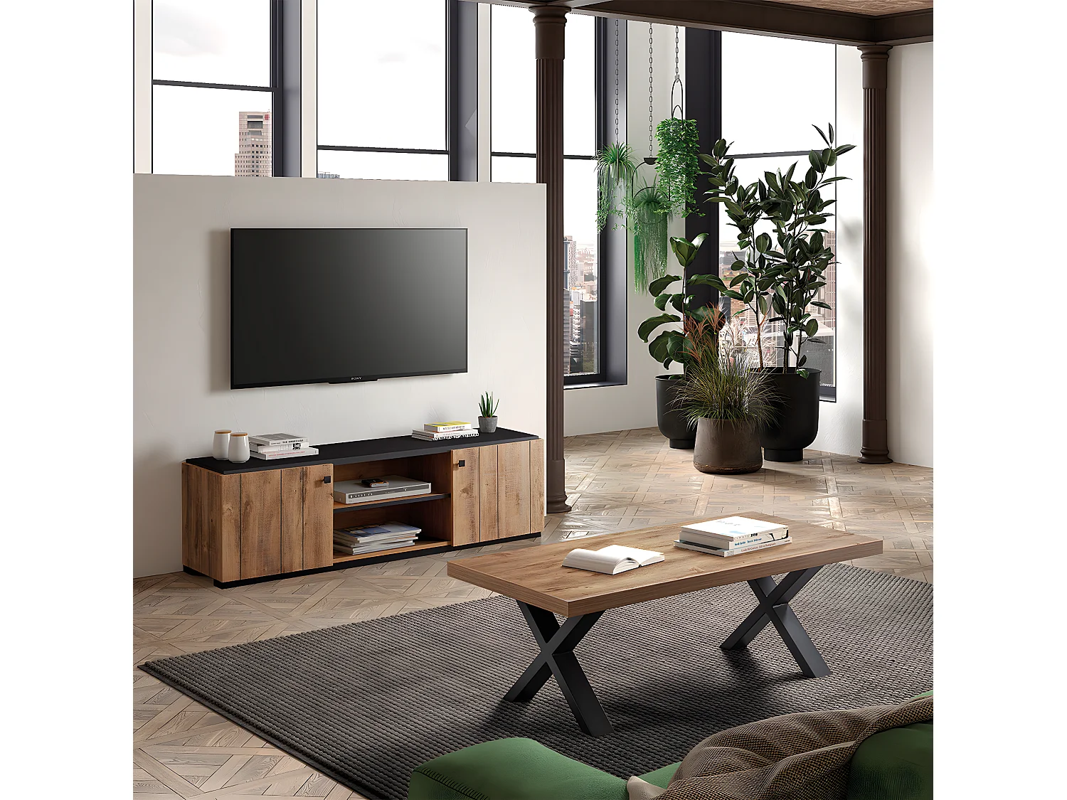 GLESS - Ensemble Salon Meuble TV et Table Basse Aspect Bois Finition Denver Piètement X Métal Noir