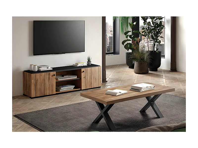 GLESS - Ensemble Salon Meuble TV et Table Basse Aspect Bois Finition Denver Piètement X Métal Noir