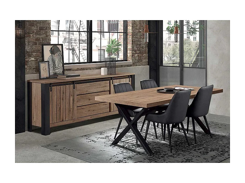 CLODIUS - Ensemble Buffet et Table 230 cm Aspect Bois Piètement X Métal Noir