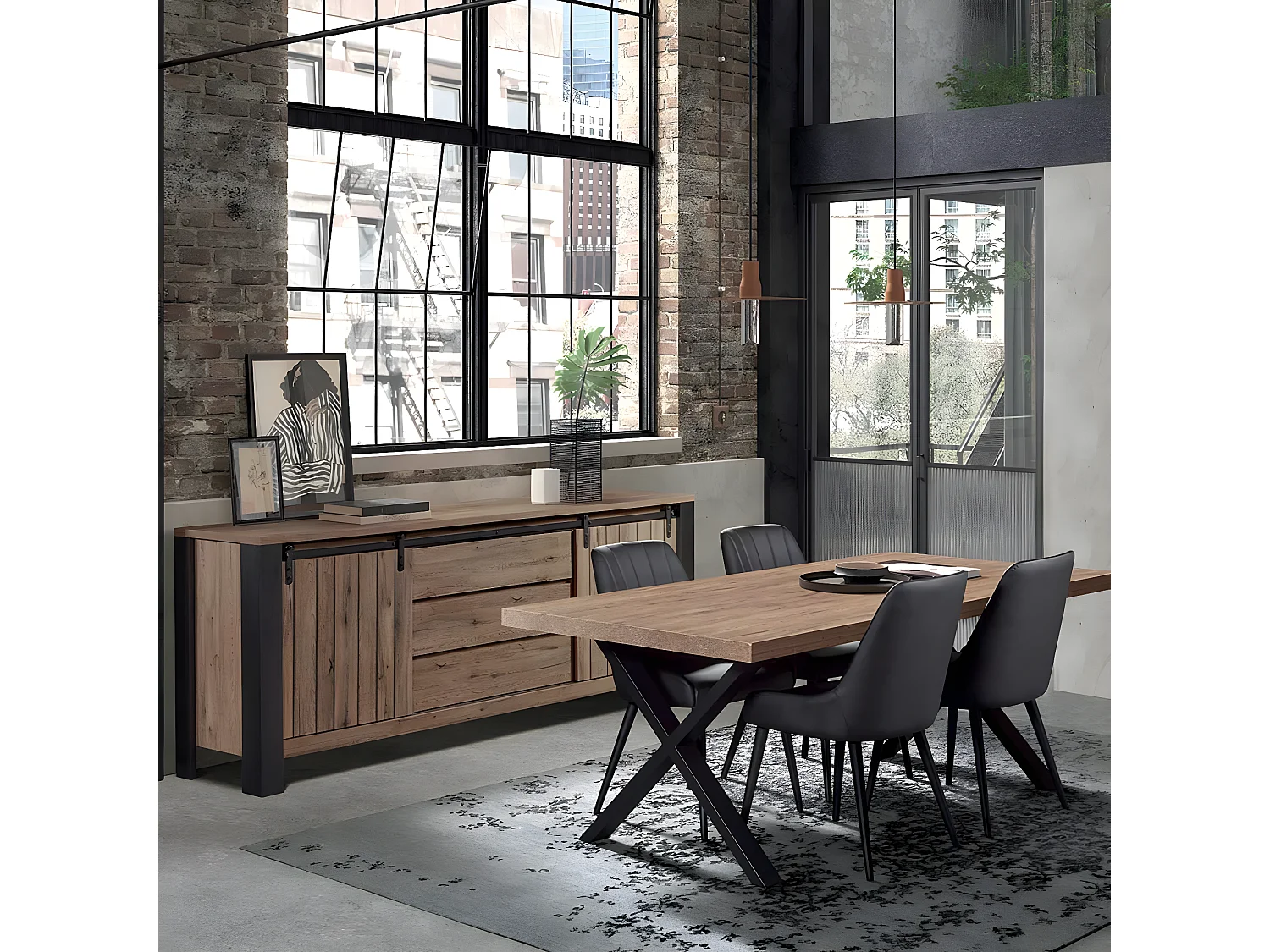 CLODIUS - Ensemble Buffet et Table 230 cm Aspect Bois Piètement X Métal Noir