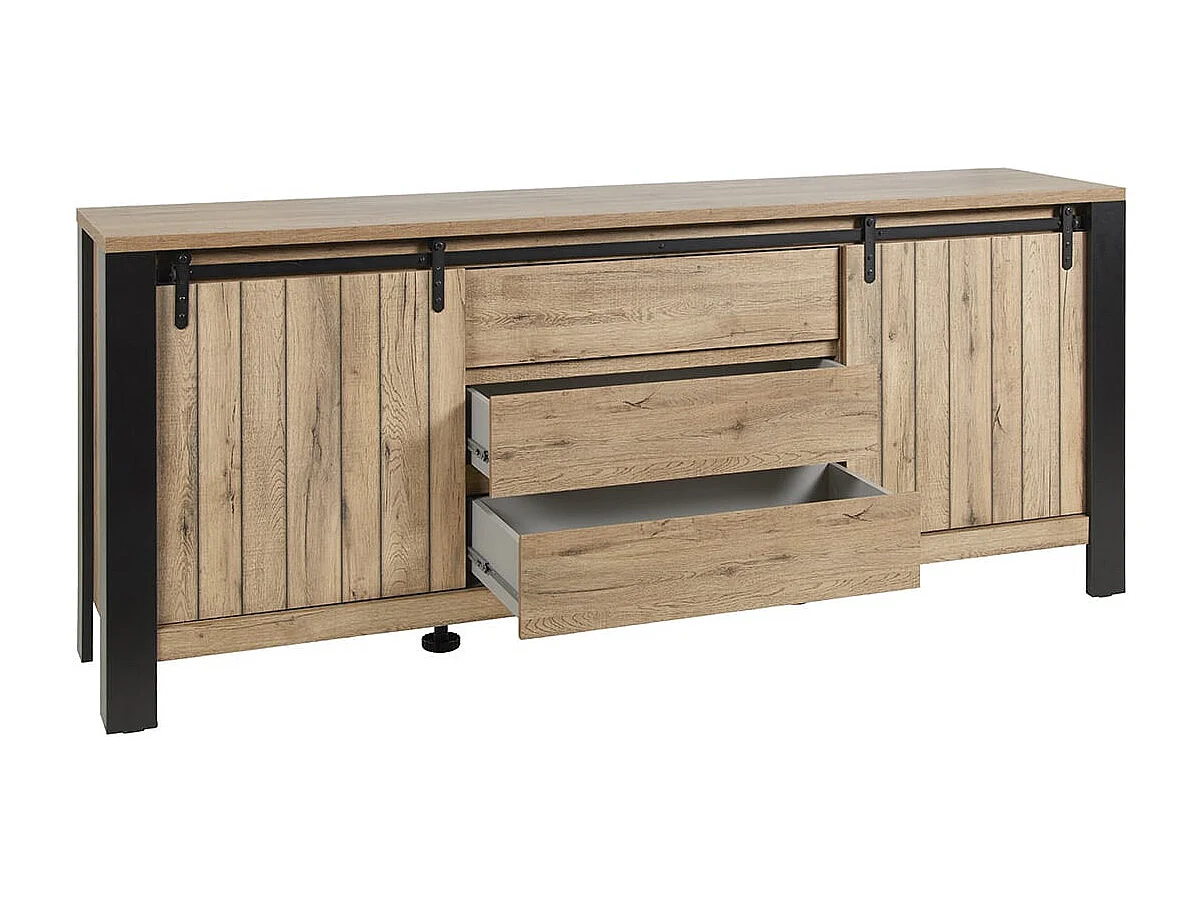 CLODIUS - Ensemble Buffet et Table 230 cm Aspect Bois Piètement X Métal Noir