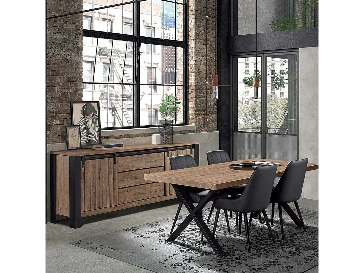 CLODIUS - Ensemble Buffet et Table 170 cm Aspect Bois Piètement X Métal Noir