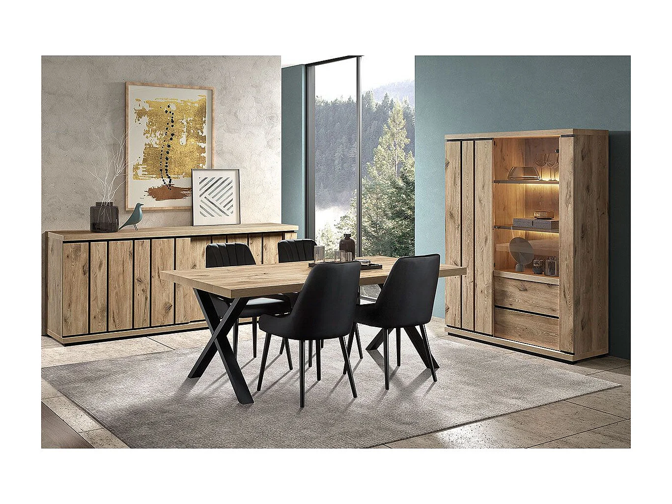 PHILEAS - Séjour avec Table 230 Piétement X Effet Claustra Finition Canyon