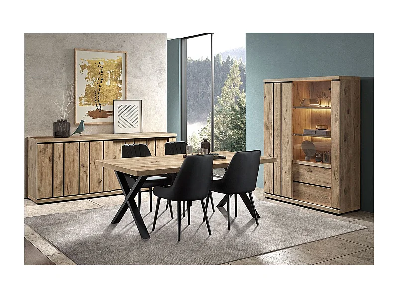 PHILEAS - Séjour avec Table 230 Piétement X Effet Claustra Finition Canyon