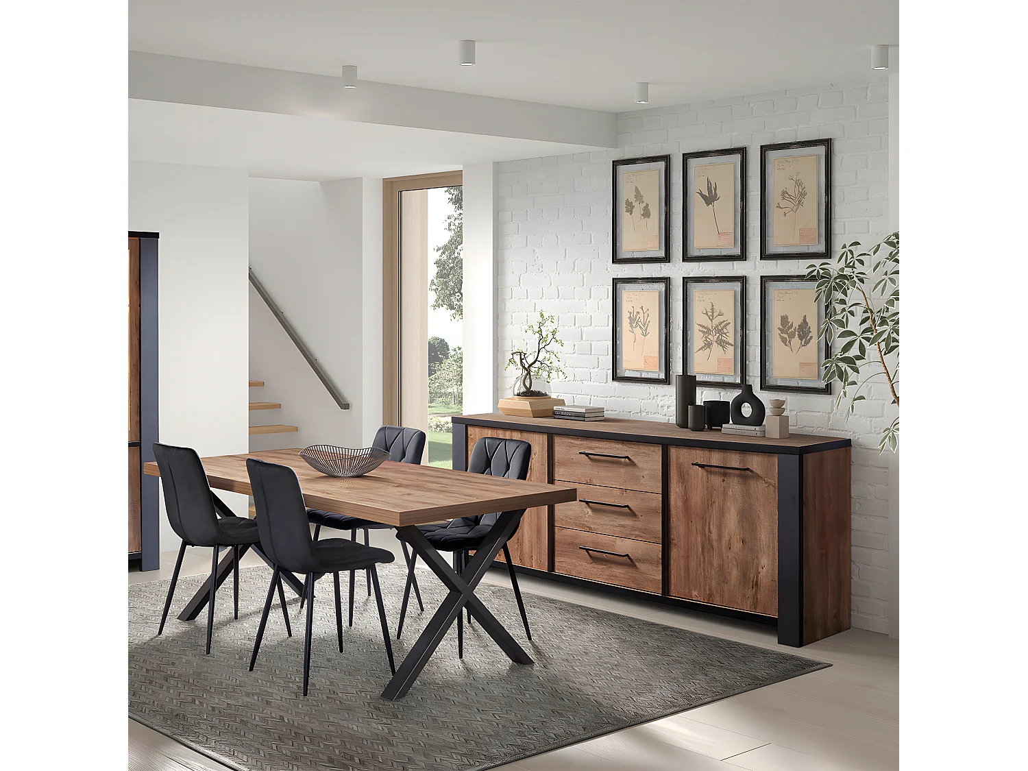 ETIENNE - Ensemble Séjour Buffet et Table 200cm Aspect Bois Piètement X Métal Noir