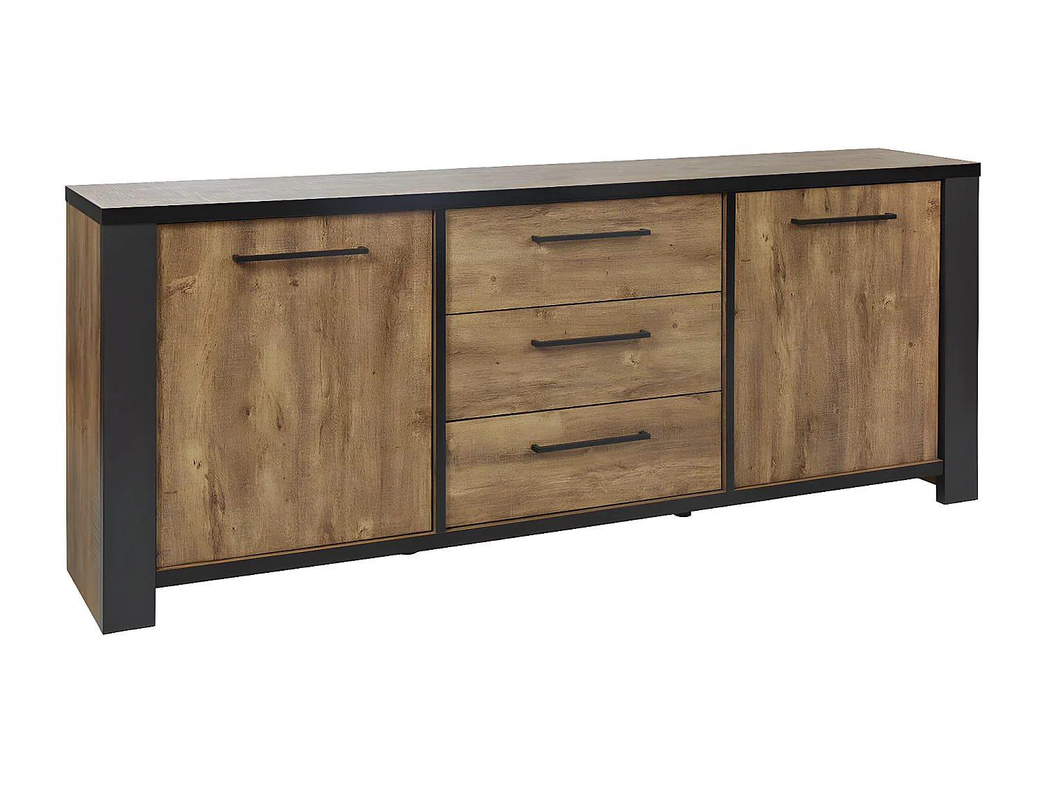 ETIENNE - Ensemble Séjour Buffet et Table 200cm Aspect Bois Piètement X Métal Noir
