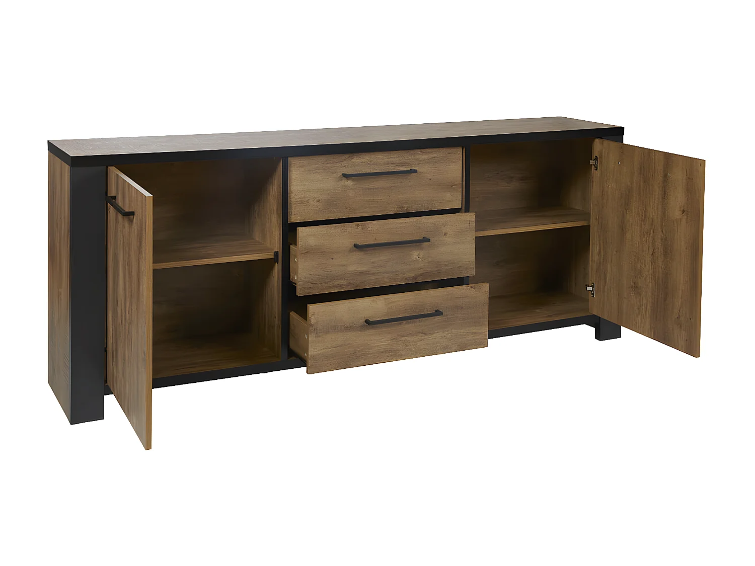 ETIENNE - Ensemble Séjour Buffet et Table 200cm Aspect Bois Piètement X Métal Noir