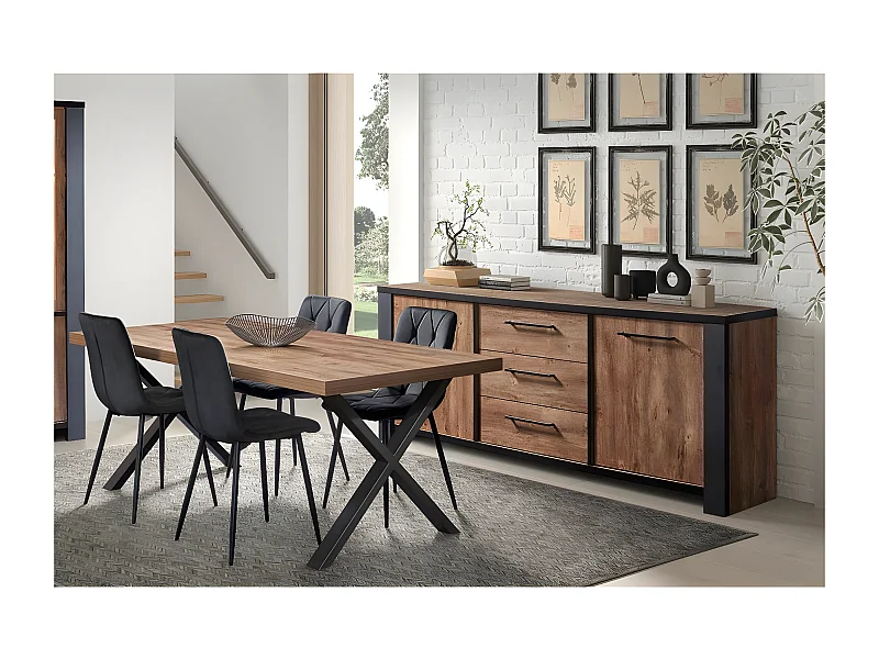 ETIENNE - Ensemble Séjour Buffet et Table 200cm Aspect Bois Piètement X Métal Noir