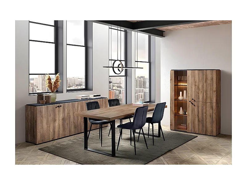 GLESS - Ensemble Séjour Complet et Table 200cm Aspect Bois Finition Denver Piètement U Métal Noir