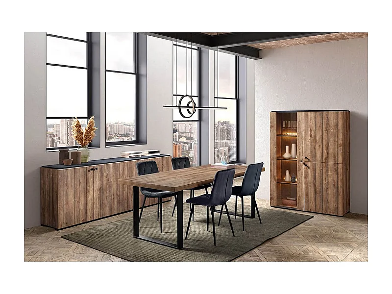 GLESS - Ensemble Séjour Complet et Table 200cm Aspect Bois Finition Denver Piètement U Métal Noir