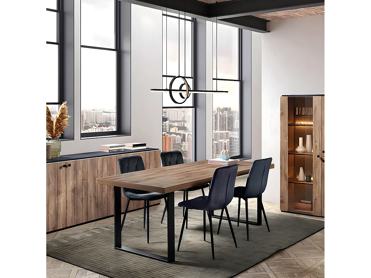 GLESS - Ensemble Séjour Complet et Table 200cm Aspect Bois Finition Denver Piètement U Métal Noir